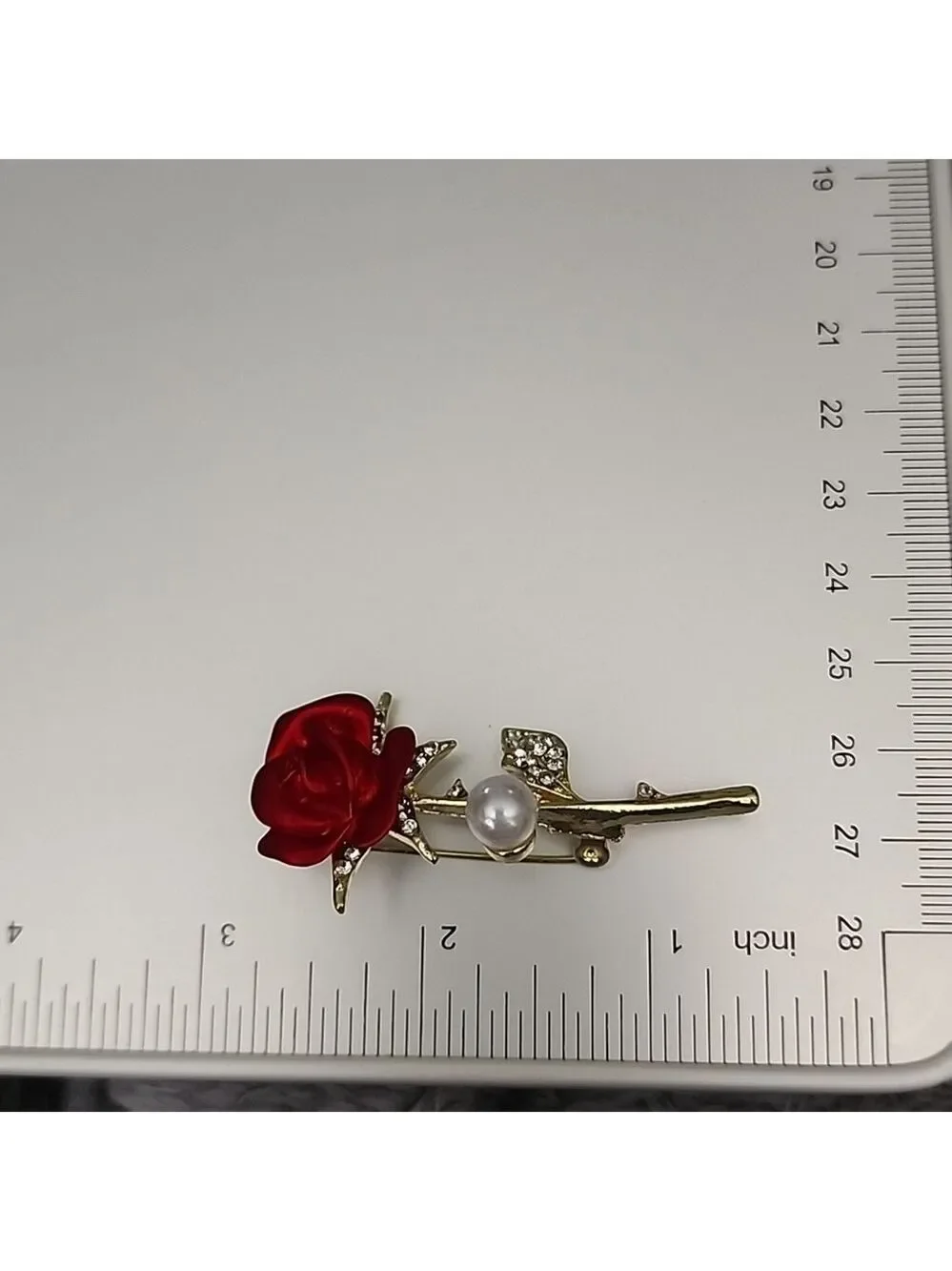 RED Long Stem Rose With Simulated Diamond Thorns Brooch Beautiful Enamel Colors